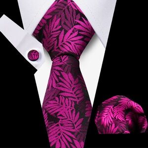 Elegant Pink and Black Leaf Pattern Tie Set
